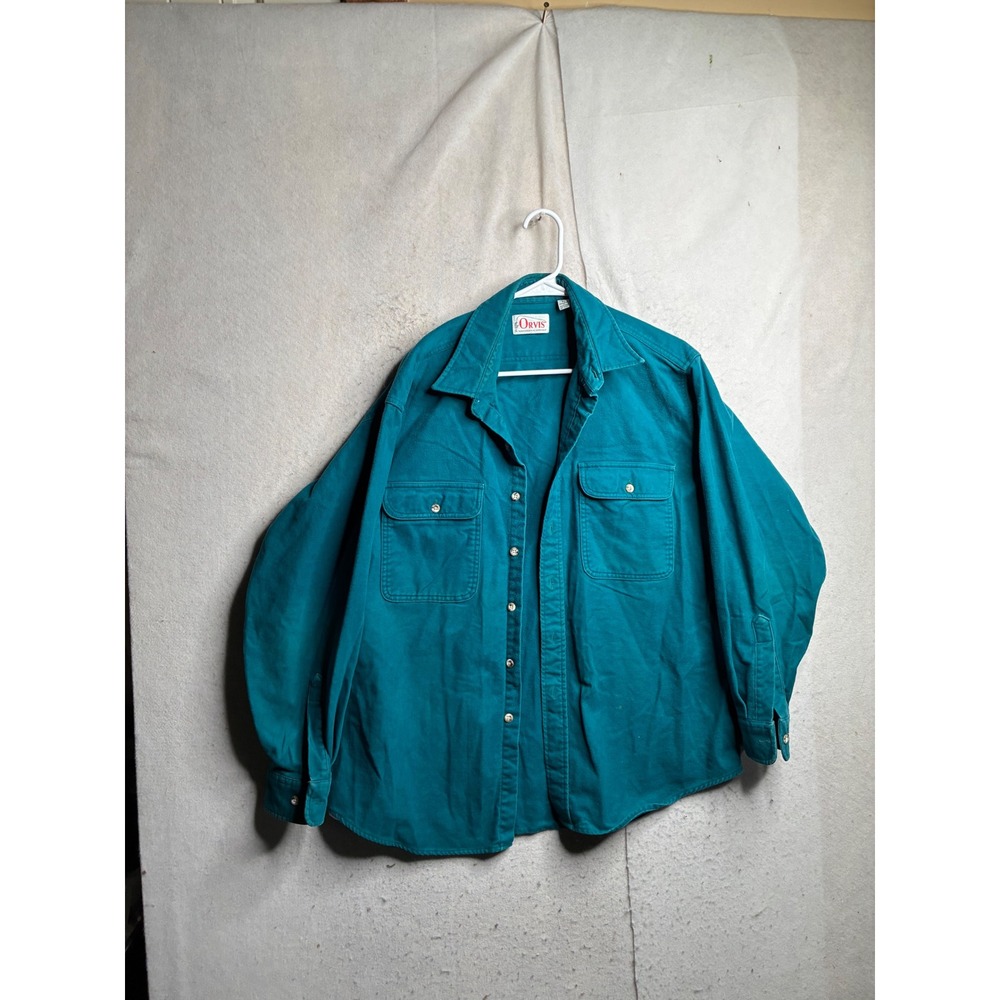 Orvis Mens XL Teal Cotton Canvas Button Down Work Shirt Long Sleeve Pockets